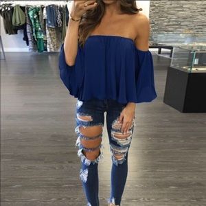Women’s Blue Off the Shoulder Top Blouse